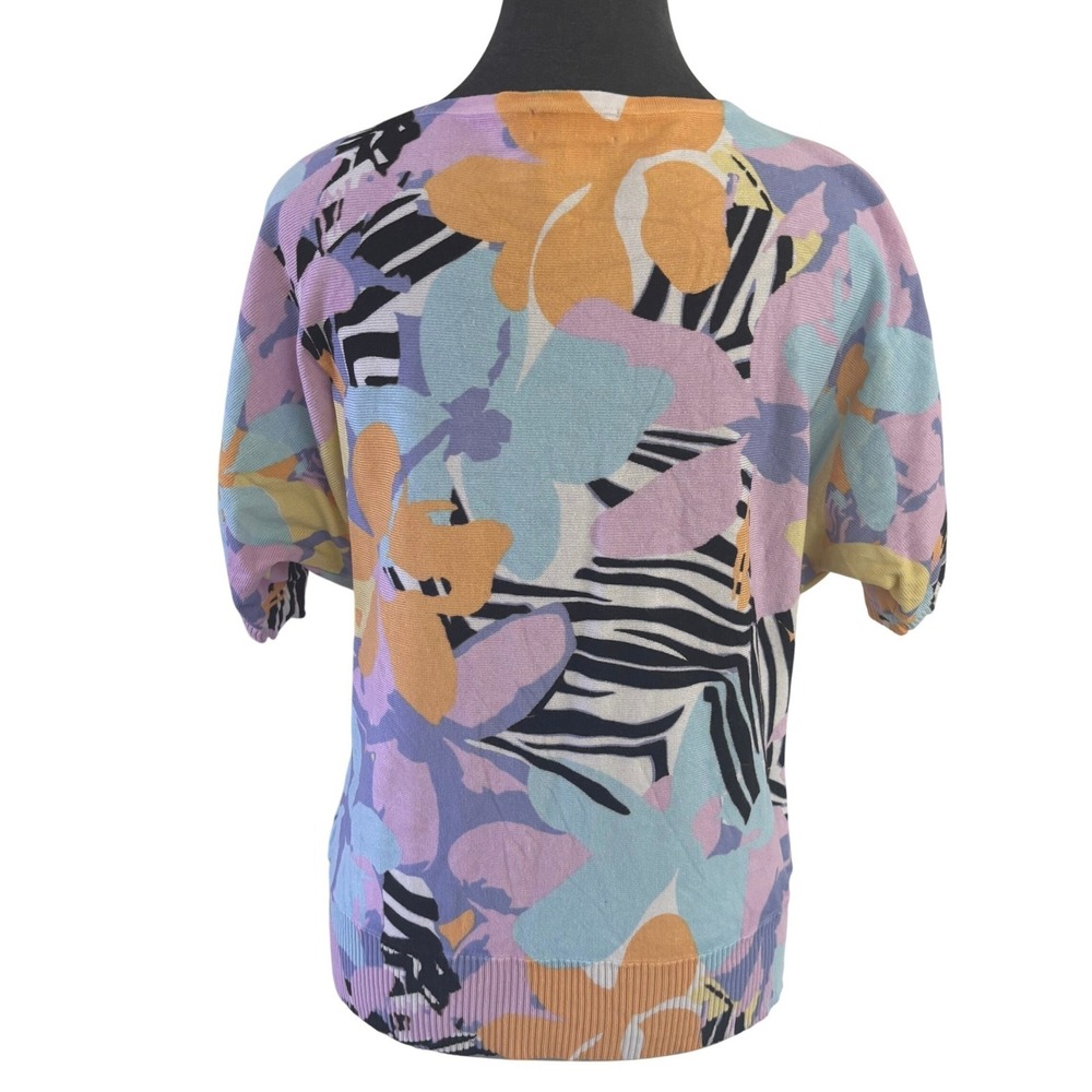 Joseph A. Whimsical Maximalist Artsy Floral Zebra Print Knit Top Short Sleeve L - Picture 2 of 10